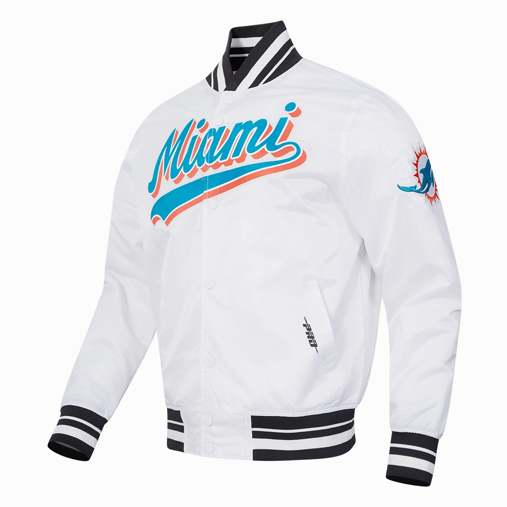 NFL MIAMI DOLPHINS SCRIPT TAIL MEN'S SATIN JACKET (WHITE/BLACK)