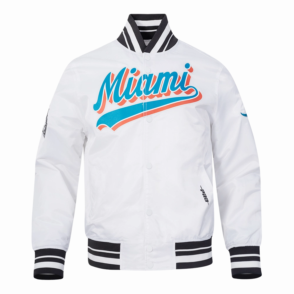 NFL MIAMI DOLPHINS SCRIPT TAIL MEN'S SATIN JACKET (WHITE/BLACK)