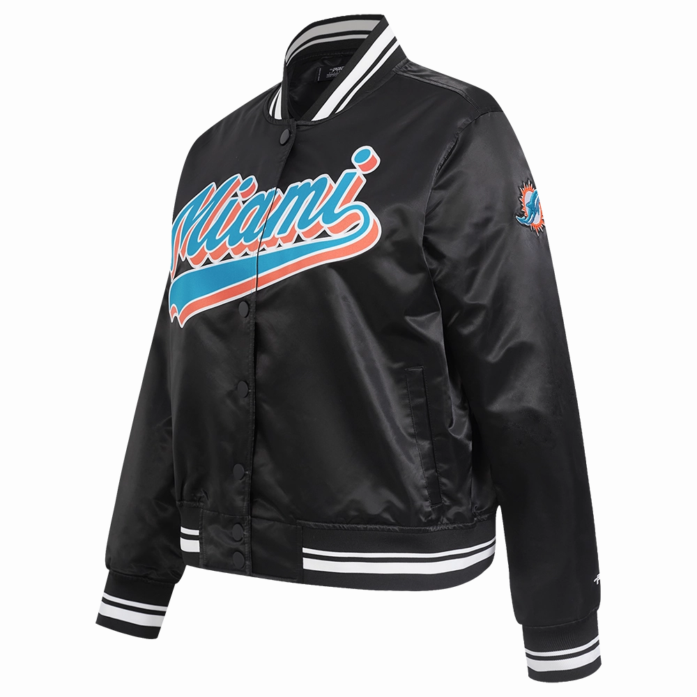 NFL MIAMI DOLPHINS SCRIPT TAIL WOMEN'S SATIN JACKET (BLACK)