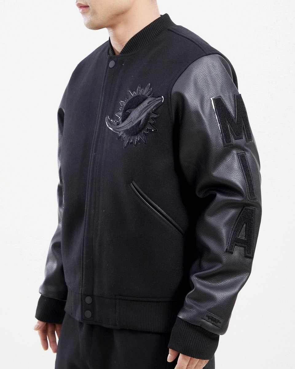 NFL MIAMI DOLPHINS TRIPLE BLACK WOOL MEN'S VARSITY JACKET (TRIPLE BLACK)