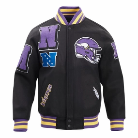 NFL MINNESOTA VIKINGS MASHUP MEN'S RIB WOOL VARSITY JACKET (BLACK/PURPLE)