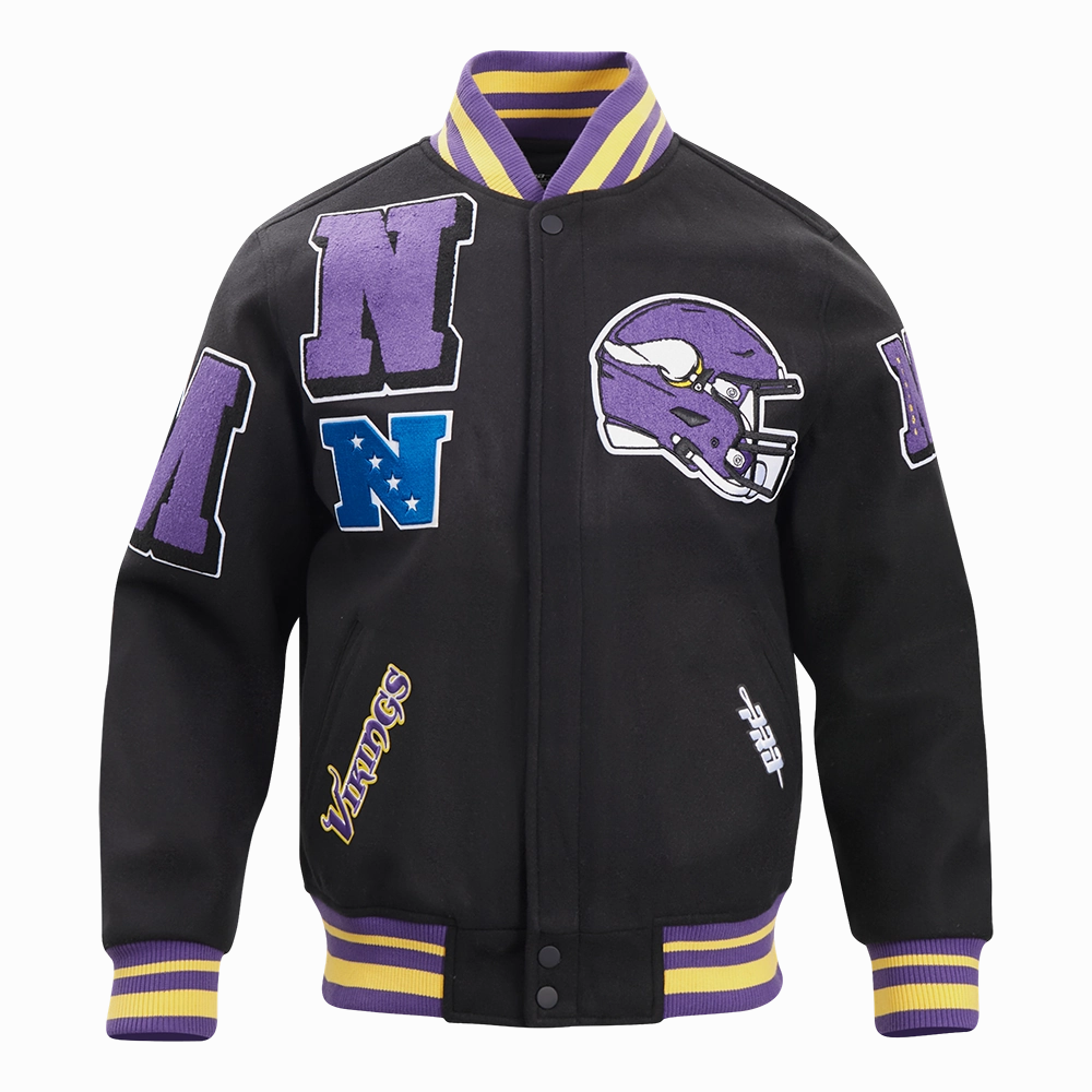 NFL MINNESOTA VIKINGS MASHUP MEN'S RIB WOOL VARSITY JACKET (BLACK/PURPLE)