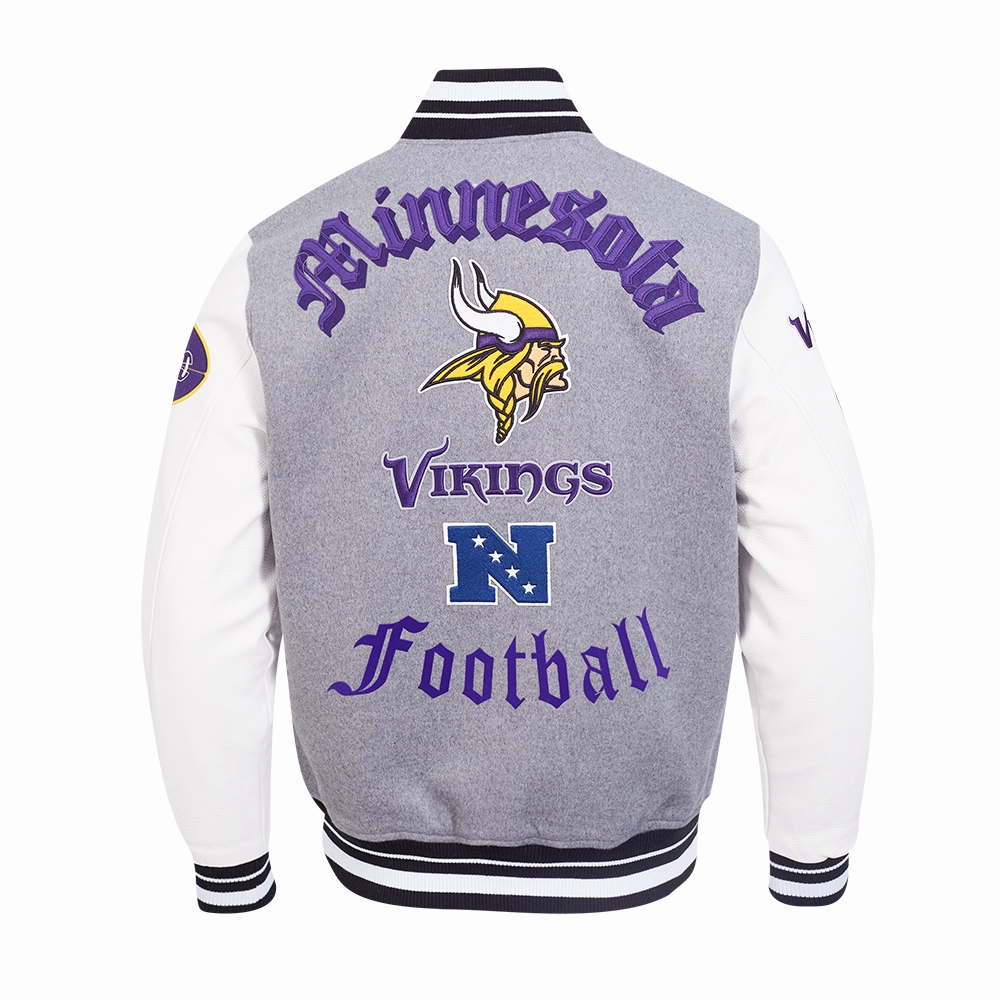 NFL MINNESOTA VIKINGS OLD ENGLISH MEN'S RIB WOOL VARSITY JACKET (HEATHER GREY/WHITE/BLACK)