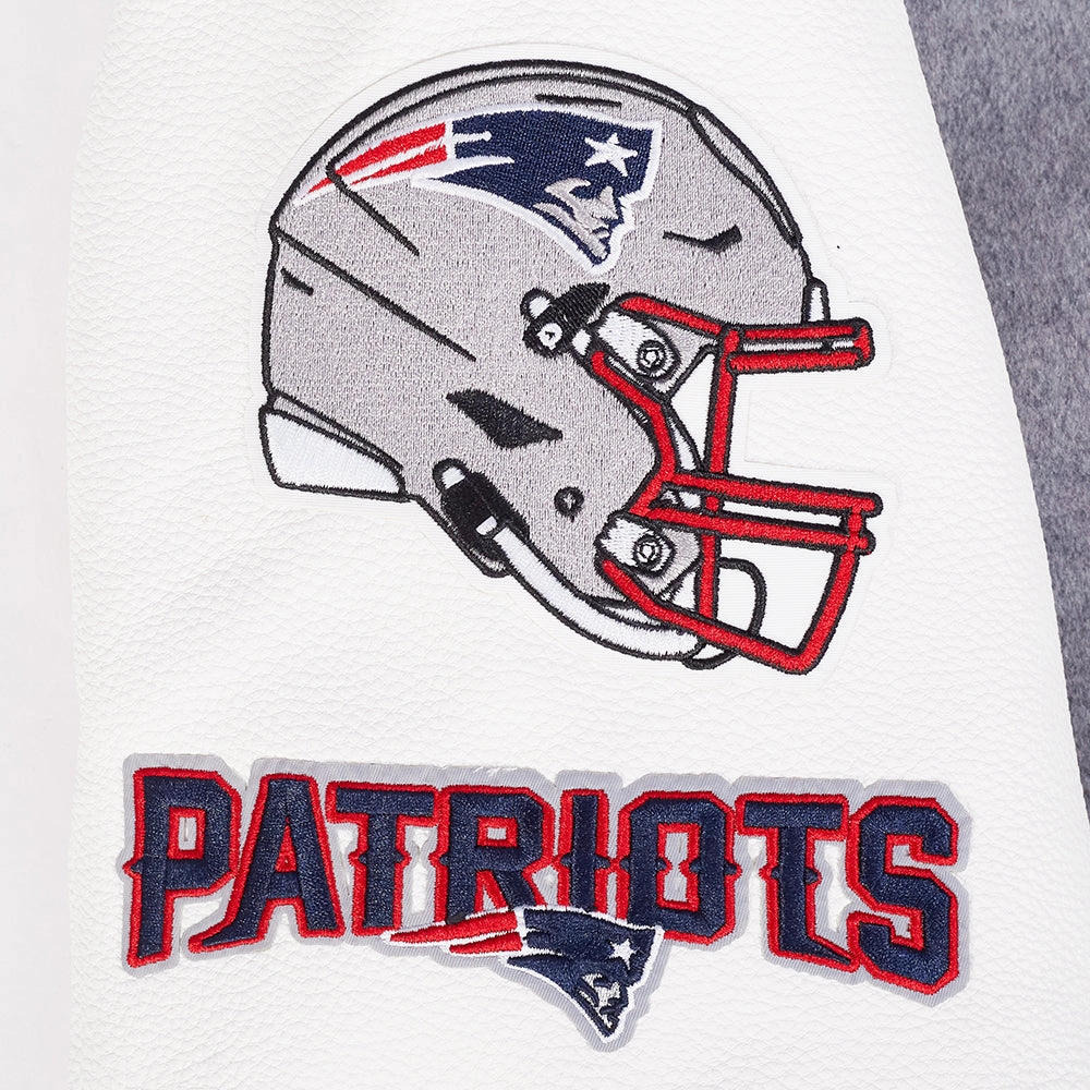 NFL NEW ENGLAND PATRIOTS OLD ENGLISH MEN'S RIB WOOL VARSITY JACKET (HEATHER GREY/WHITE/MIDNIGHT NAVY)