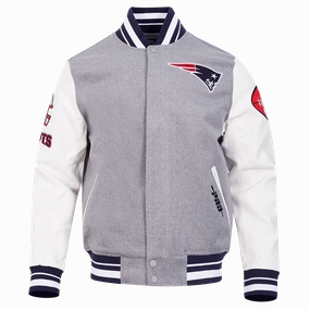 NFL NEW ENGLAND PATRIOTS OLD ENGLISH MEN'S RIB WOOL VARSITY JACKET (HEATHER GREY/WHITE/MIDNIGHT NAVY)