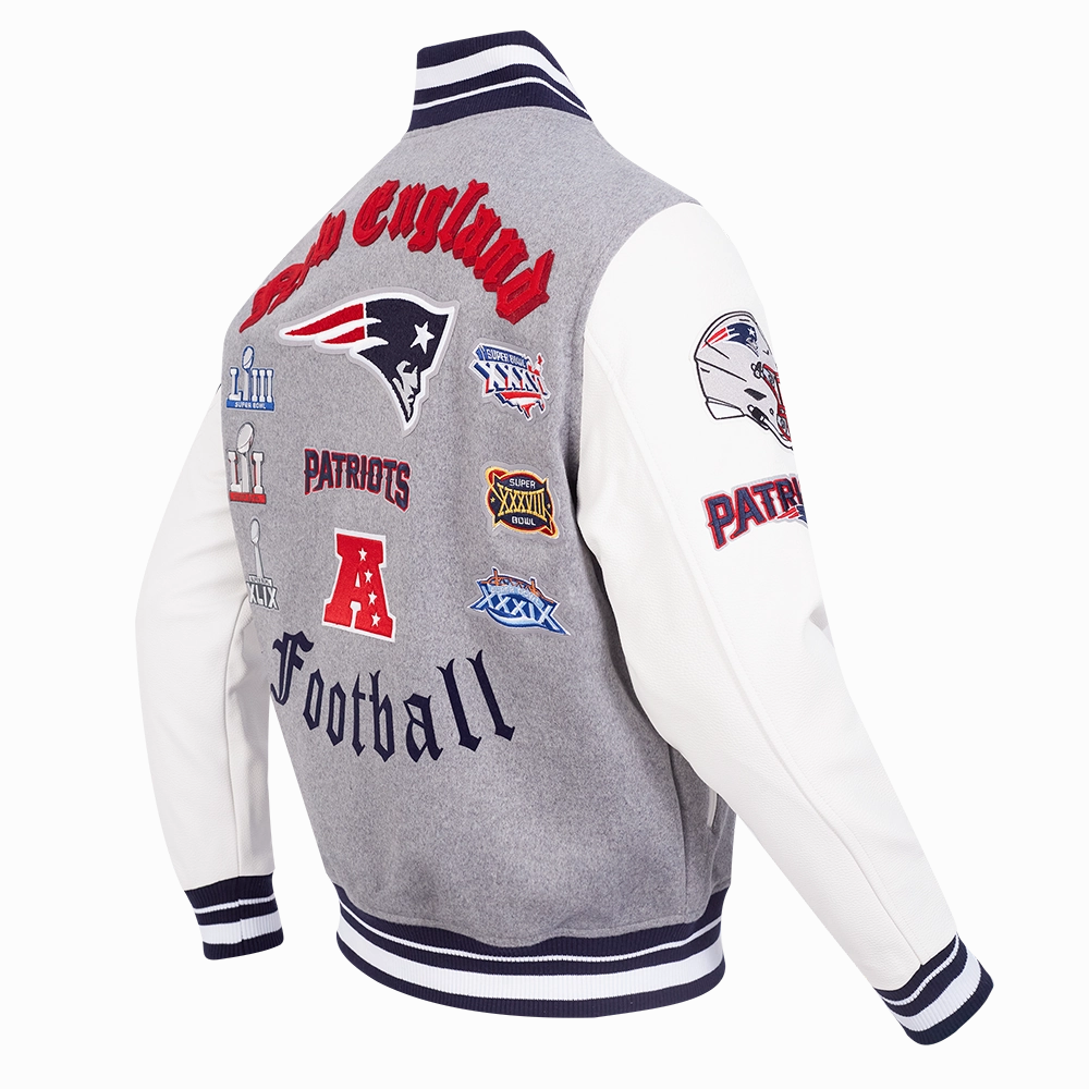 NFL NEW ENGLAND PATRIOTS OLD ENGLISH MEN'S RIB WOOL VARSITY JACKET (HEATHER GREY/WHITE/MIDNIGHT NAVY)