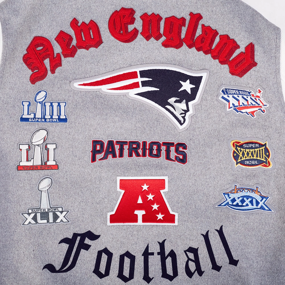 NFL NEW ENGLAND PATRIOTS OLD ENGLISH MEN'S RIB WOOL VARSITY JACKET (HEATHER GREY/WHITE/MIDNIGHT NAVY)