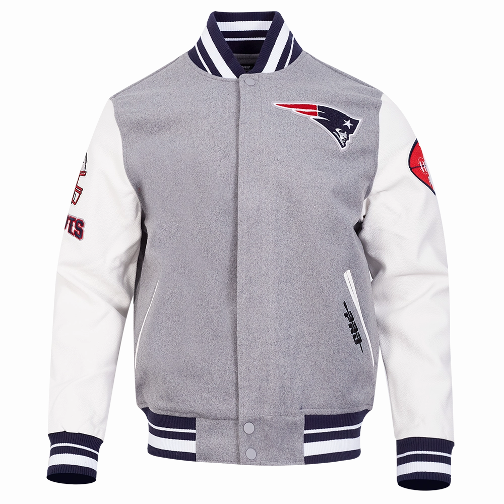 NFL NEW ENGLAND PATRIOTS OLD ENGLISH MEN'S RIB WOOL VARSITY JACKET (HEATHER GREY/WHITE/MIDNIGHT NAVY)