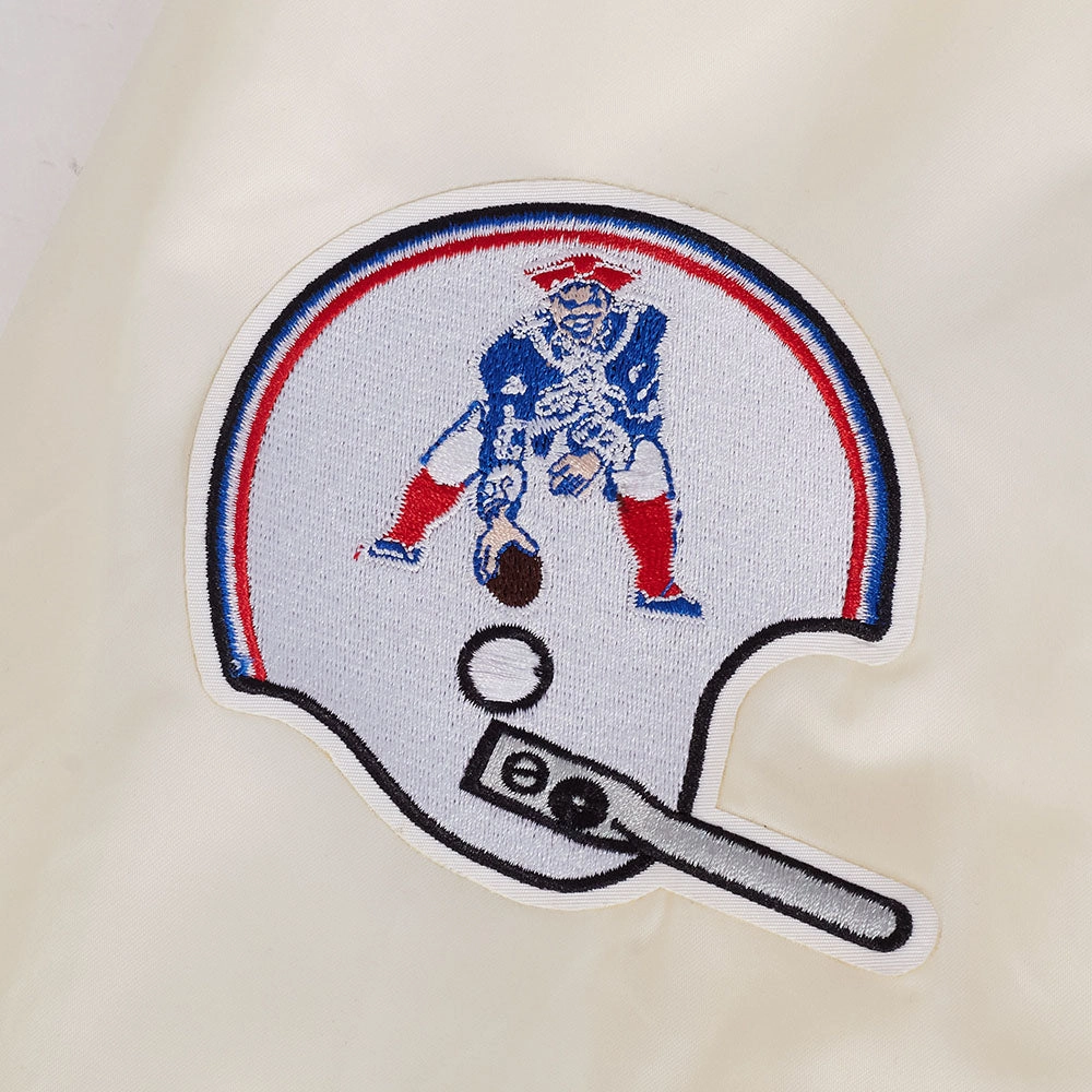 NFL NEW ENGLAND PATRIOTS RETRO CLASSIC MEN'S RIB SATIN JACKET (EGGSHELL/ ROYAL BLUE)