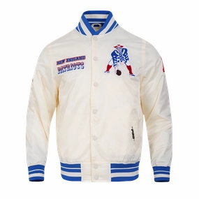 NFL NEW ENGLAND PATRIOTS RETRO CLASSIC MEN'S RIB SATIN JACKET (EGGSHELL/ ROYAL BLUE)