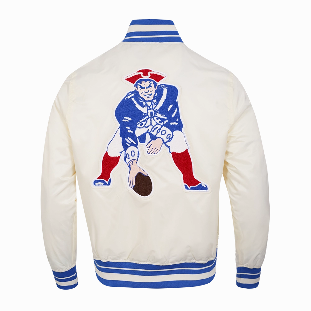 NFL NEW ENGLAND PATRIOTS RETRO CLASSIC MEN'S RIB SATIN JACKET (EGGSHELL/ ROYAL BLUE)