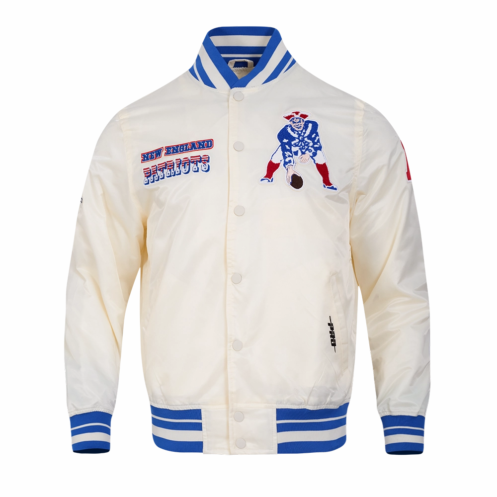 NFL NEW ENGLAND PATRIOTS RETRO CLASSIC MEN'S RIB SATIN JACKET (EGGSHELL/ ROYAL BLUE)
