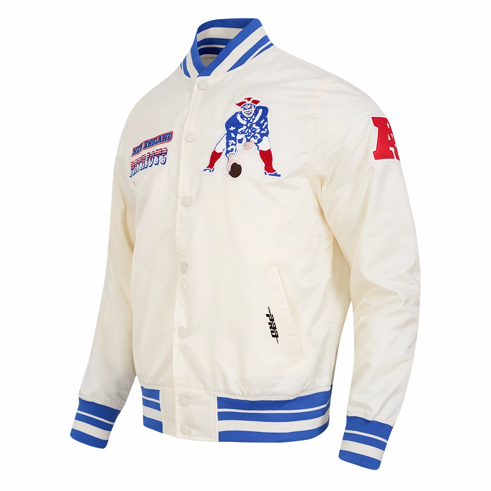 NFL NEW ENGLAND PATRIOTS RETRO CLASSIC MEN'S RIB SATIN JACKET (EGGSHELL/ ROYAL BLUE)