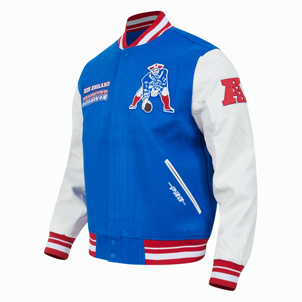 NFL NEW ENGLAND PATRIOTS RETRO CLASSIC MEN'S RIB WOOL VARSITY JACKET (ROYAL BLUE/RED)