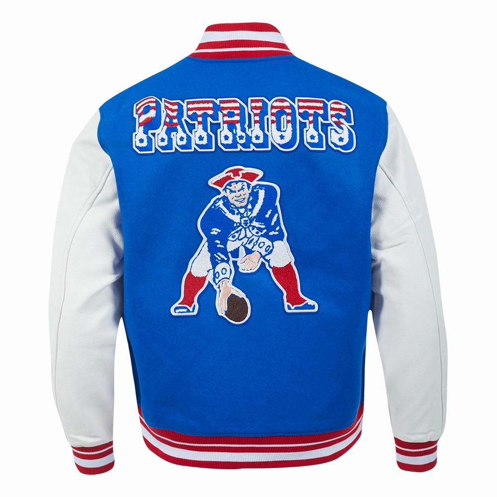 NFL NEW ENGLAND PATRIOTS RETRO CLASSIC MEN'S RIB WOOL VARSITY JACKET (ROYAL BLUE/RED)