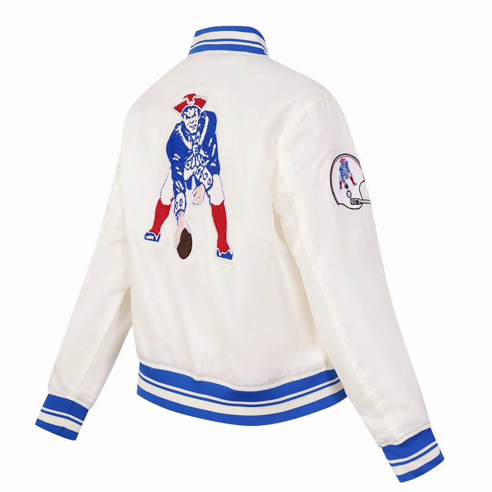 NFL NEW ENGLAND PATRIOTS RETRO CLASSIC WOMEN'S RIB SATIN JACKET (EGGSHELL/ ROYAL BLUE)