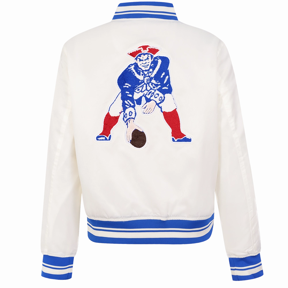 NFL NEW ENGLAND PATRIOTS RETRO CLASSIC WOMEN'S RIB SATIN JACKET (EGGSHELL/ ROYAL BLUE)