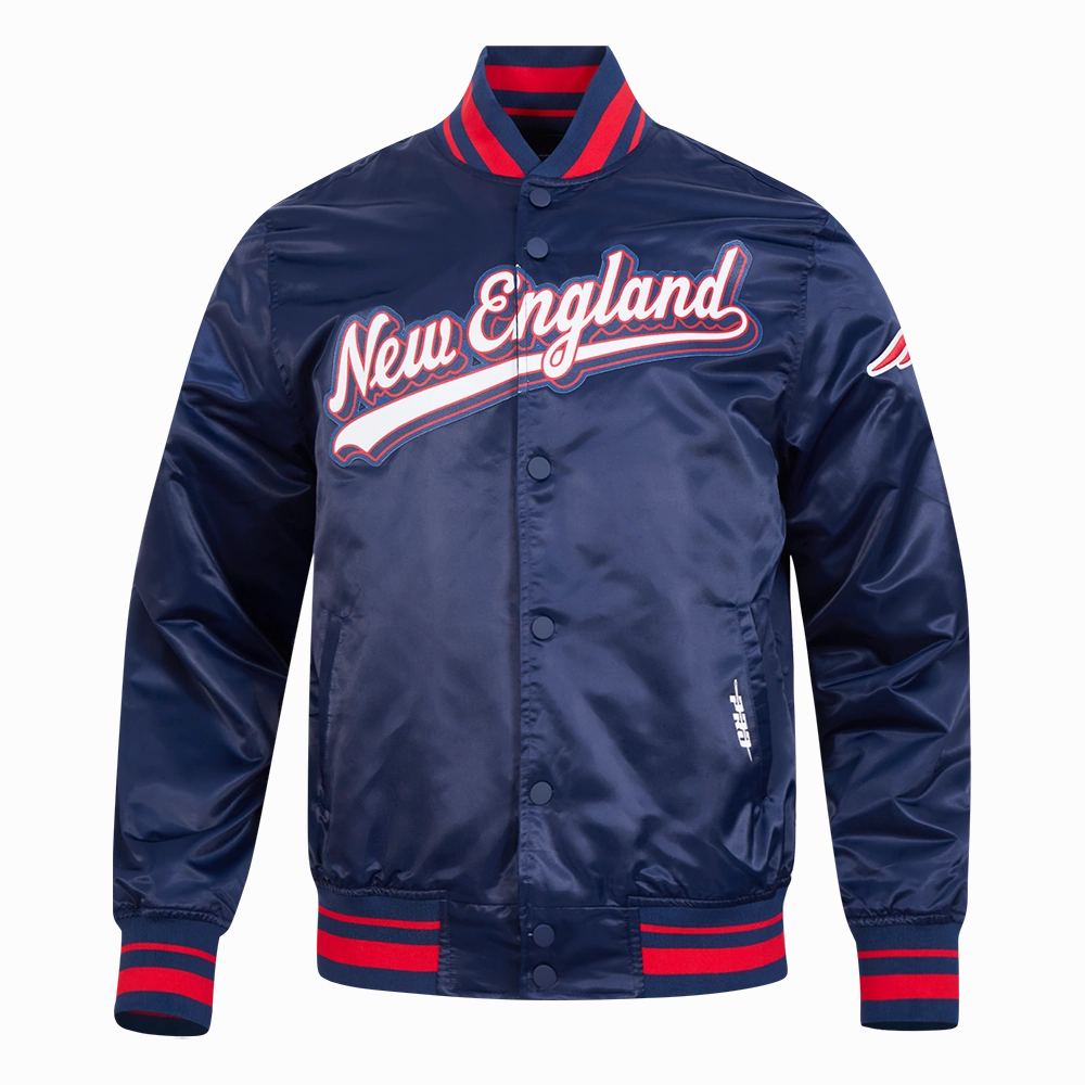 NFL NEW ENGLAND PATRIOTS SCRIPT TAIL MEN'S SATIN JACKET (MIDNIGHT NAVY/RED/MIDNIGHT NAVY)