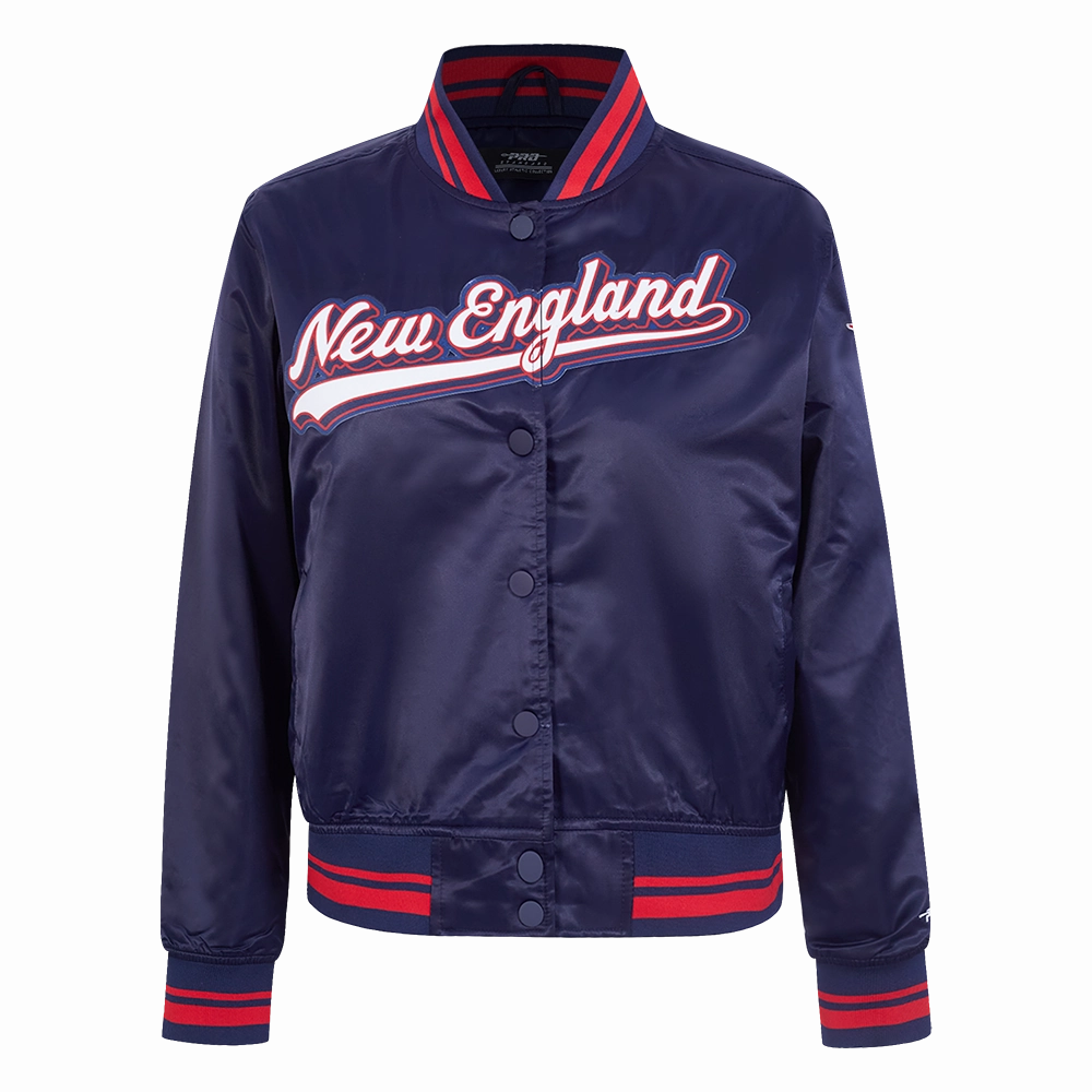 NFL NEW ENGLAND PATRIOTS SCRIPT TAIL WOMEN'S SATIN JACKET (MIDNIGHT NAVY/RED/MIDNIGHT NAVY)
