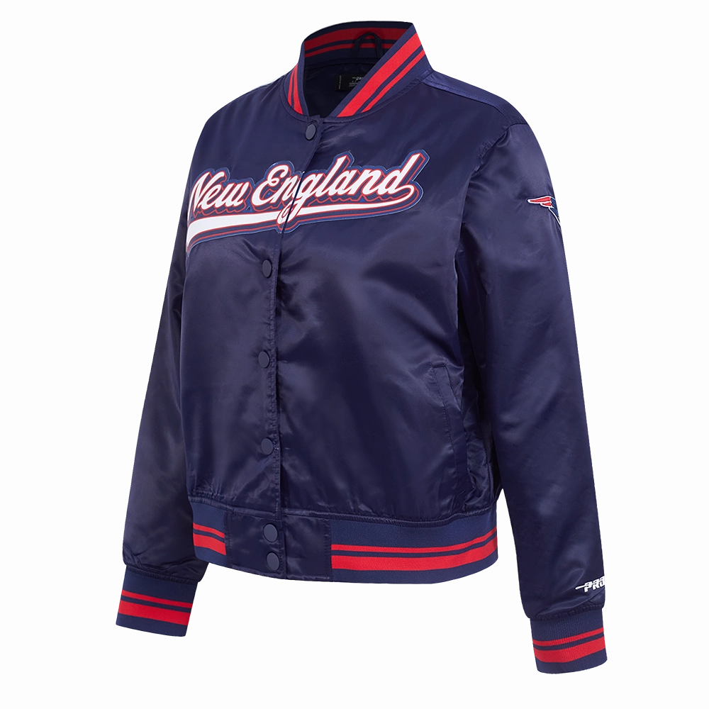 NFL NEW ENGLAND PATRIOTS SCRIPT TAIL WOMEN'S SATIN JACKET (MIDNIGHT NAVY/RED/MIDNIGHT NAVY)