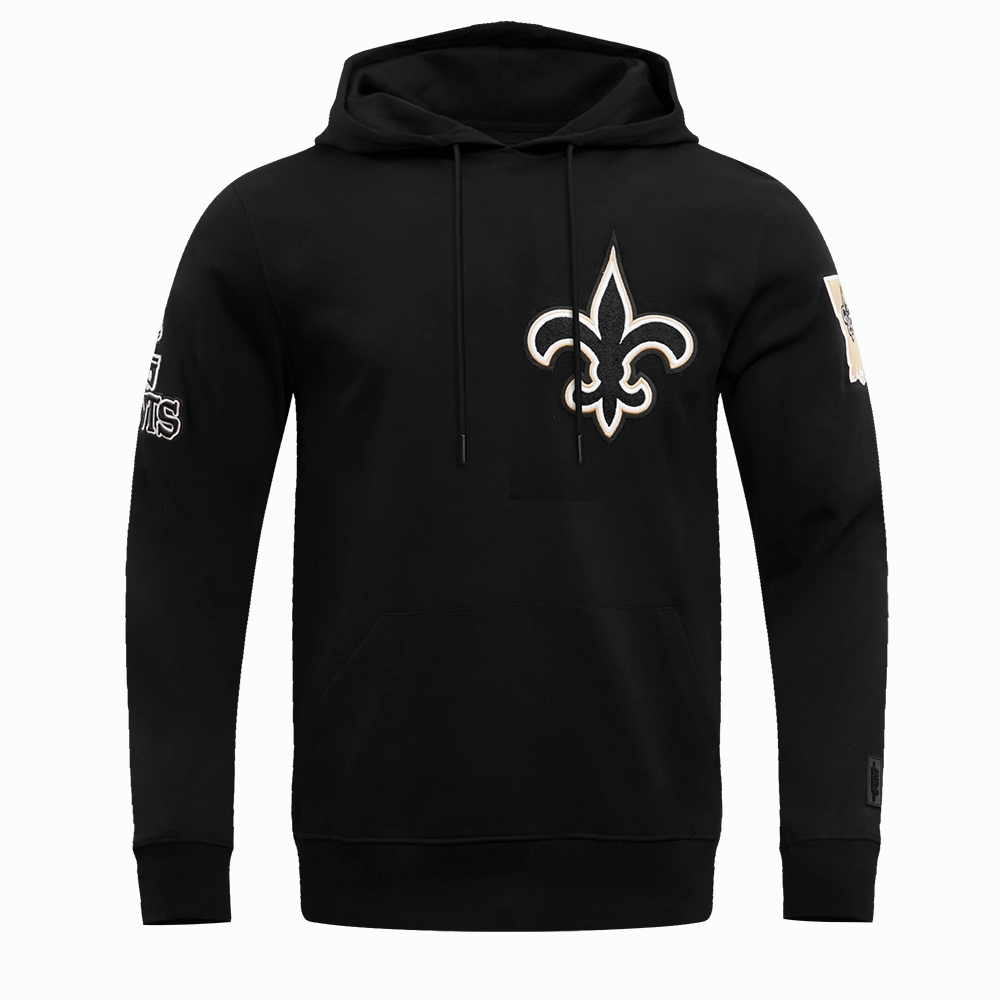 NFL NEW ORLEANS SAINTS CLASSIC CHENILLE MEN'S DOUBLE KNIT PULLOVER HOODIE (BLACK)