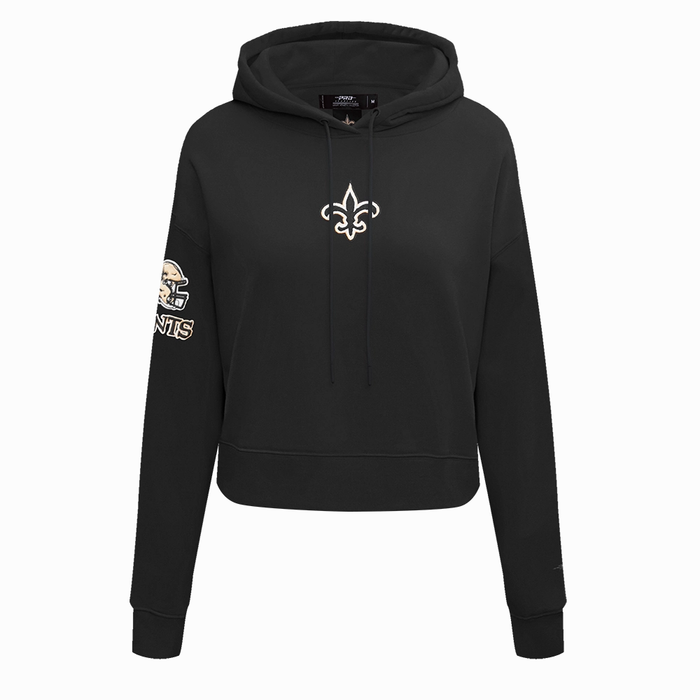 NFL NEW ORLEANS SAINTS CLASSIC WOMEN'S FLEECE CROPPED PULLOVER HOODIE (BLACK)