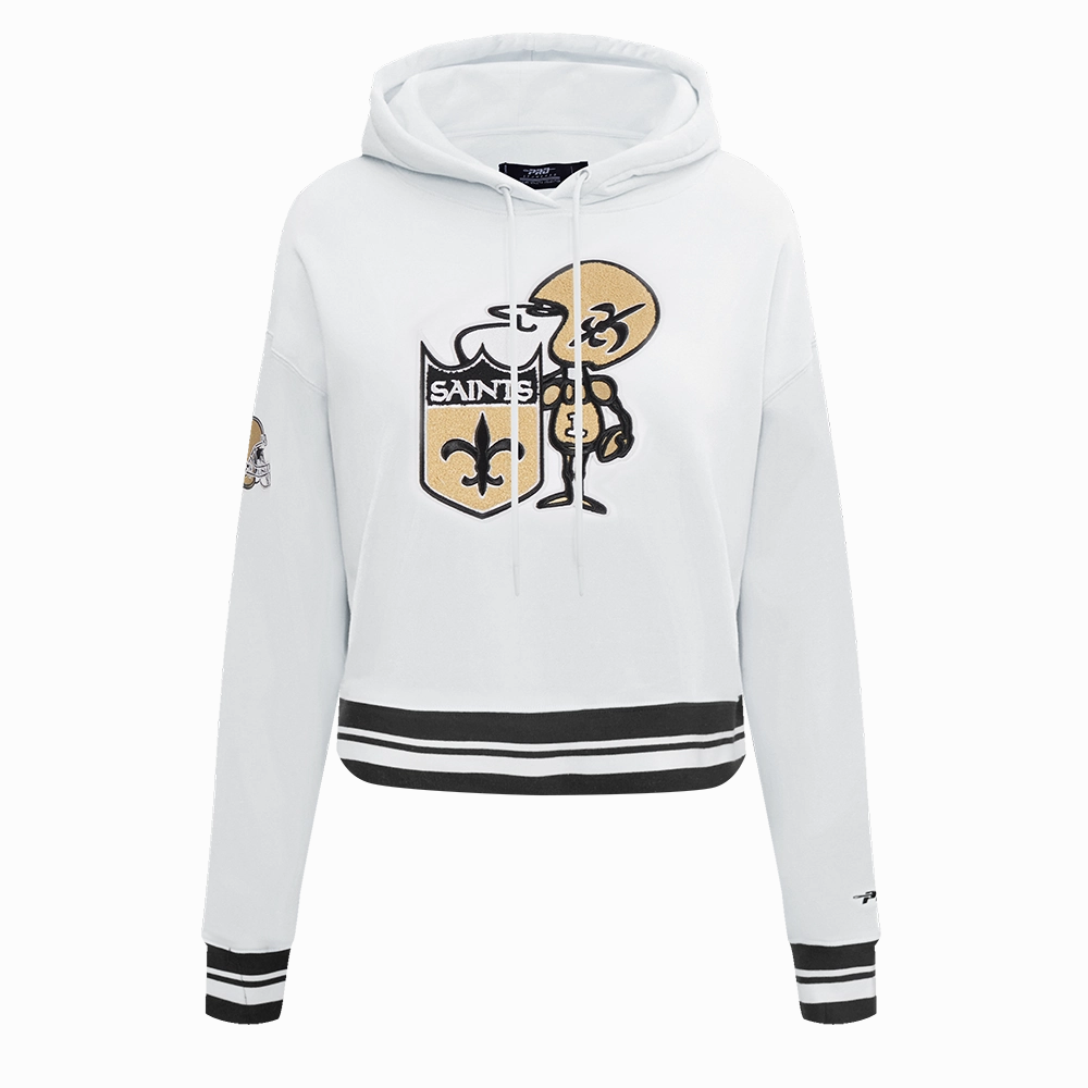 NFL NEW ORLEANS SAINTS RETRO CLASSIC WOMEN'S CROPPED PULLOVER HOODIE (WHITE/BLACK)