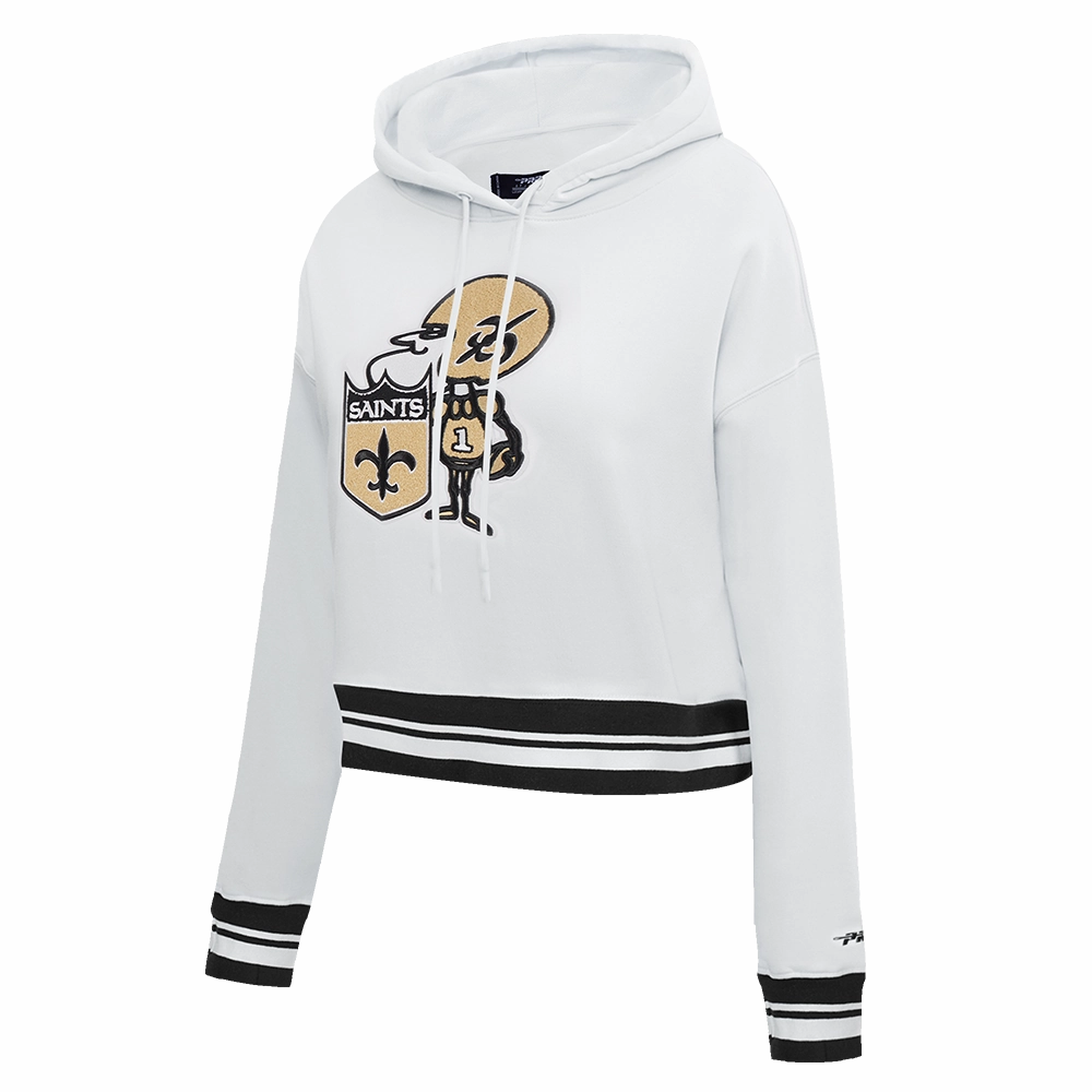 NFL NEW ORLEANS SAINTS RETRO CLASSIC WOMEN'S CROPPED PULLOVER HOODIE (WHITE/BLACK)