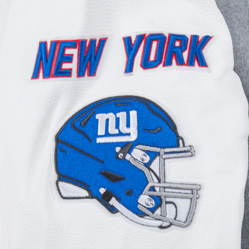 NFL NEW YORK GIANTS OLD ENGLISH MEN'S RIB WOOL VARSITY JACKET (HEATHER GREY/WHITE)
