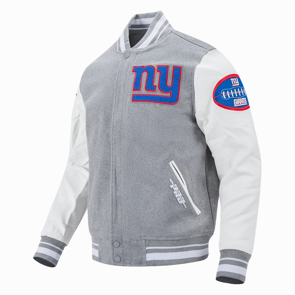 NFL NEW YORK GIANTS OLD ENGLISH MEN'S RIB WOOL VARSITY JACKET (HEATHER GREY/WHITE)
