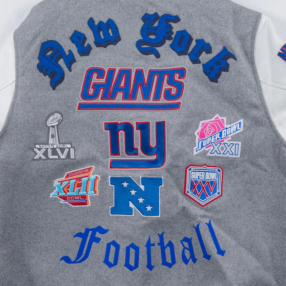 NFL NEW YORK GIANTS OLD ENGLISH MEN'S RIB WOOL VARSITY JACKET (HEATHER GREY/WHITE)