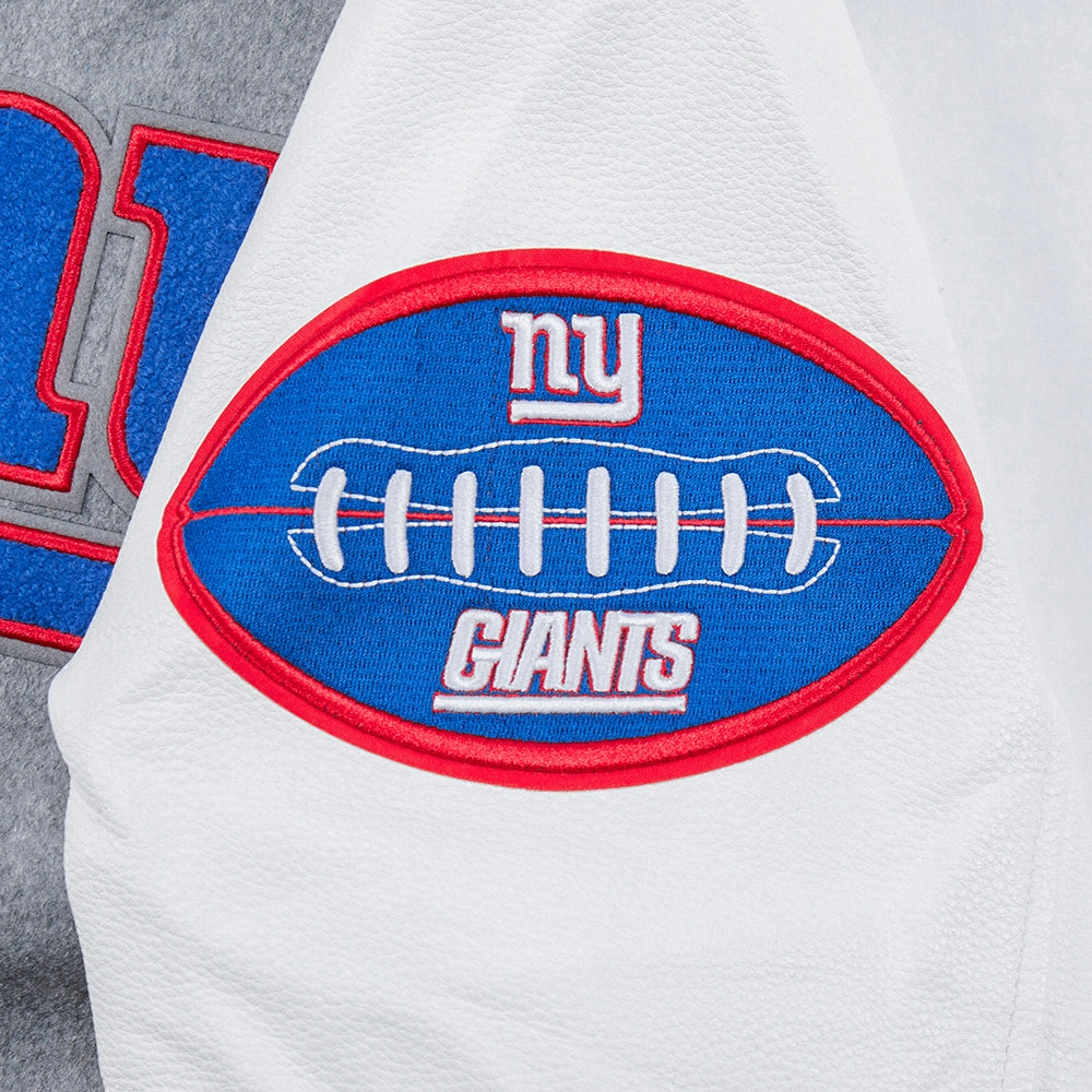 NFL NEW YORK GIANTS OLD ENGLISH MEN'S RIB WOOL VARSITY JACKET (HEATHER GREY/WHITE)