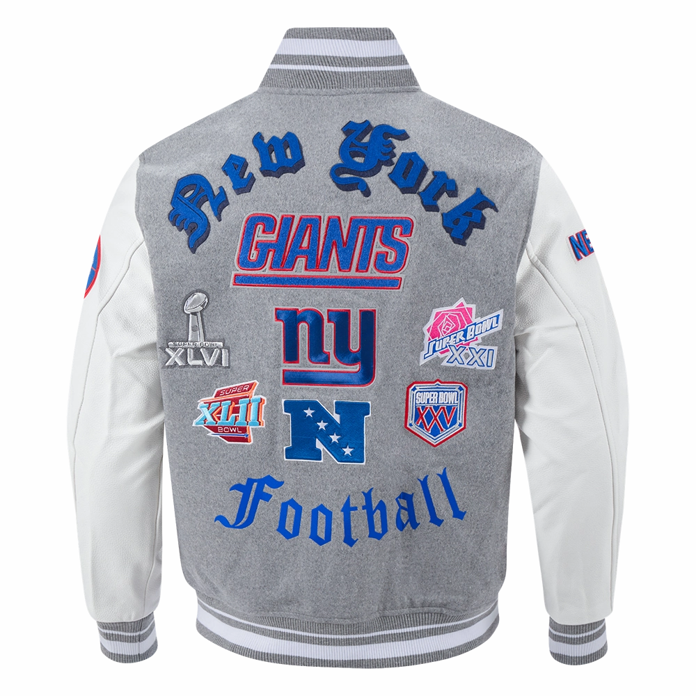 NFL NEW YORK GIANTS OLD ENGLISH MEN'S RIB WOOL VARSITY JACKET (HEATHER GREY/WHITE)