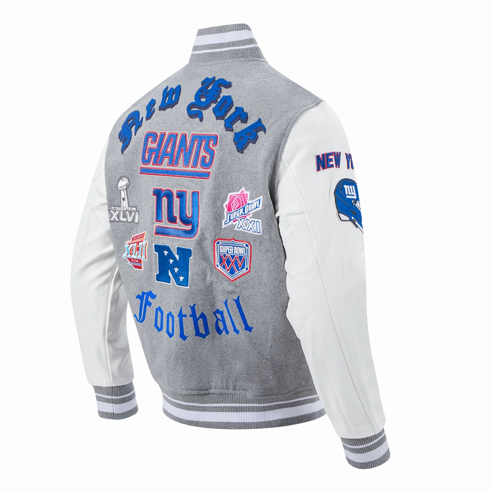 NFL NEW YORK GIANTS OLD ENGLISH MEN'S RIB WOOL VARSITY JACKET (HEATHER GREY/WHITE)