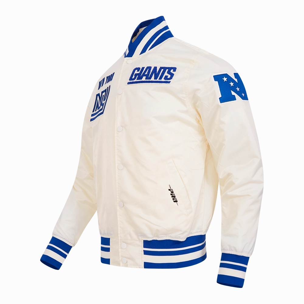 NFL NEW YORK GIANTS RETRO CLASSIC MEN'S RIB SATIN JACKET (EGGSHELL/DODGER BLUE)