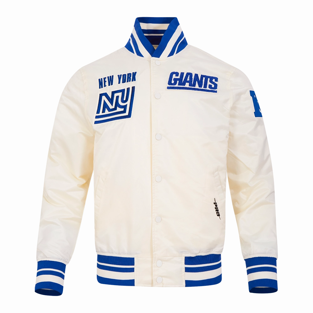 NFL NEW YORK GIANTS RETRO CLASSIC MEN'S RIB SATIN JACKET (EGGSHELL/DODGER BLUE)