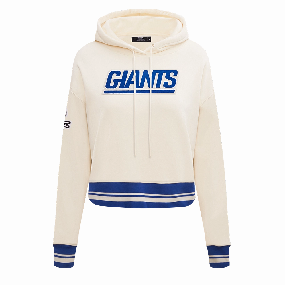 NFL NEW YORK GIANTS RETRO CLASSIC WOMEN'S RIB CROPPED PULLOVER HOODIE (EGGSHELL/DODGER BLUE)