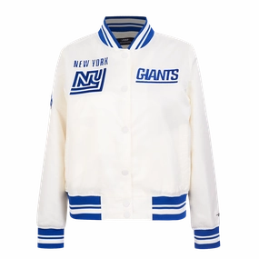NFL NEW YORK GIANTS RETRO CLASSIC WOMEN'S RIB SATIN JACKET (EGGSHELL/DODGER BLUE)