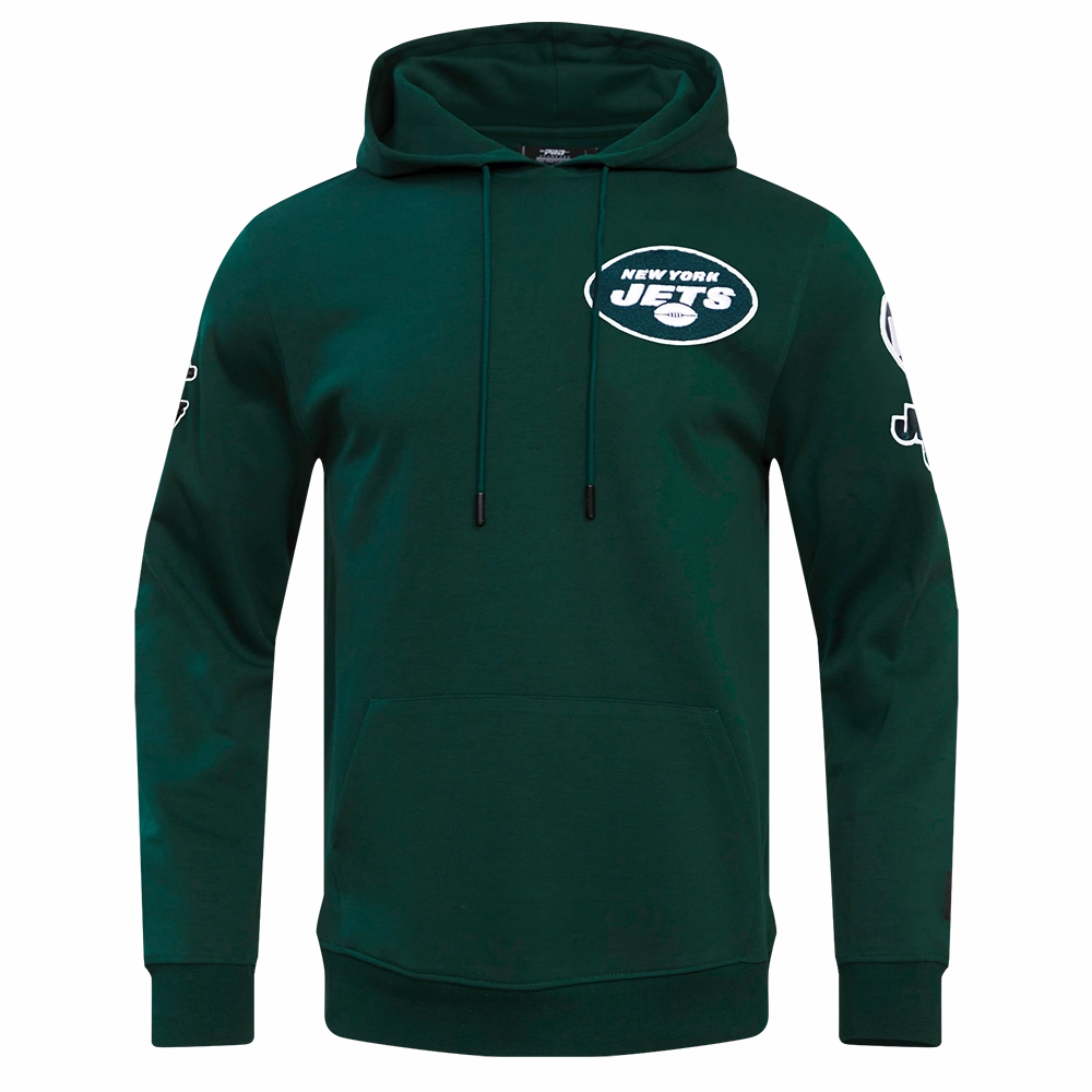 NFL NEW YORK JETS CLASSIC CHENILLE MEN'S DOUBLE KNIT PULLOVER HOODIE (FOREST GREEN)