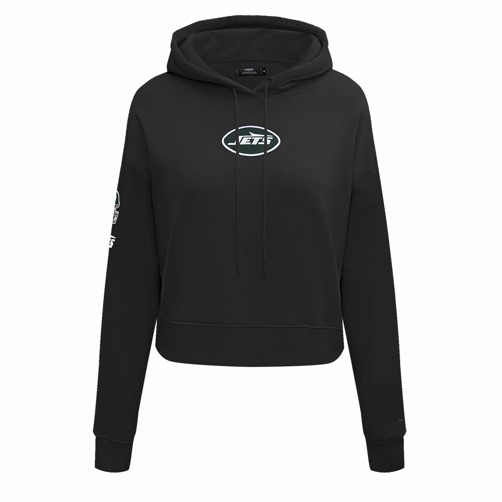 NFL NEW YORK JETS CLASSIC WOMEN'S CROPPED FLEECE PULLOVER HOODIE (BLACK)