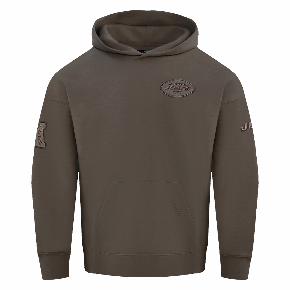 NFL NEW YORK JETS NEUTRAL MEN'S DROP SHOULDER PULLOVER HOODIE (DARK TAUPE)