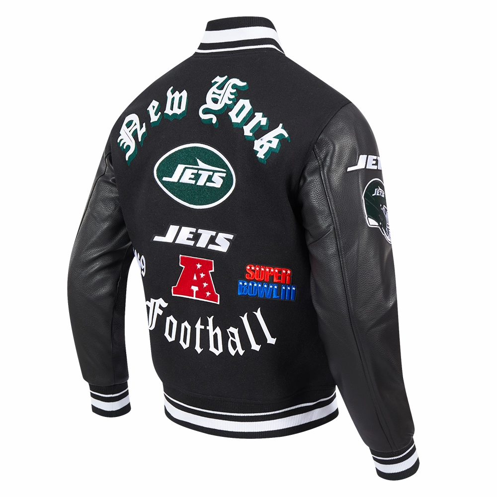 NFL NEW YORK JETS OLD ENGLISH MEN'S RIB WOOL VARSITY JACKET (BLACK)
