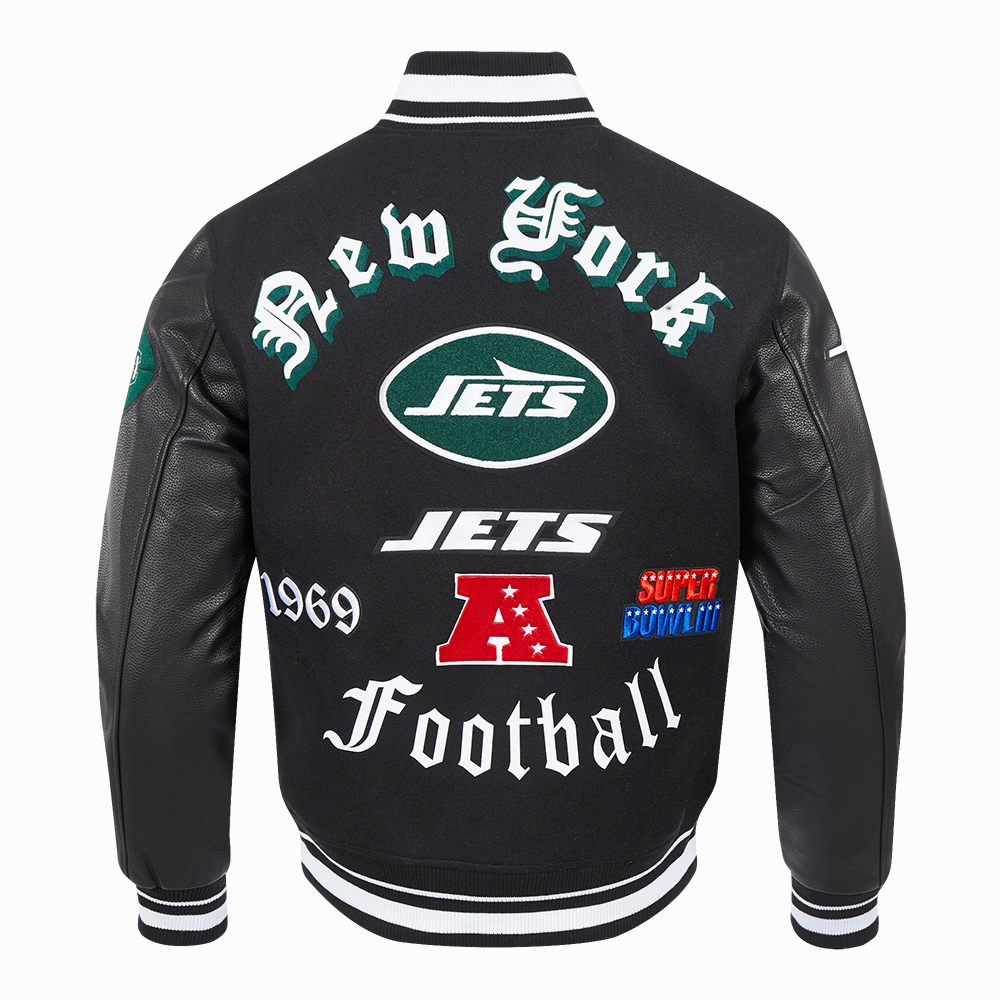 NFL NEW YORK JETS OLD ENGLISH MEN'S RIB WOOL VARSITY JACKET (BLACK)