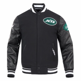NFL NEW YORK JETS OLD ENGLISH MEN'S RIB WOOL VARSITY JACKET (BLACK)