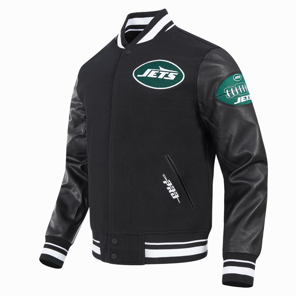 NFL NEW YORK JETS OLD ENGLISH MEN'S RIB WOOL VARSITY JACKET (BLACK)