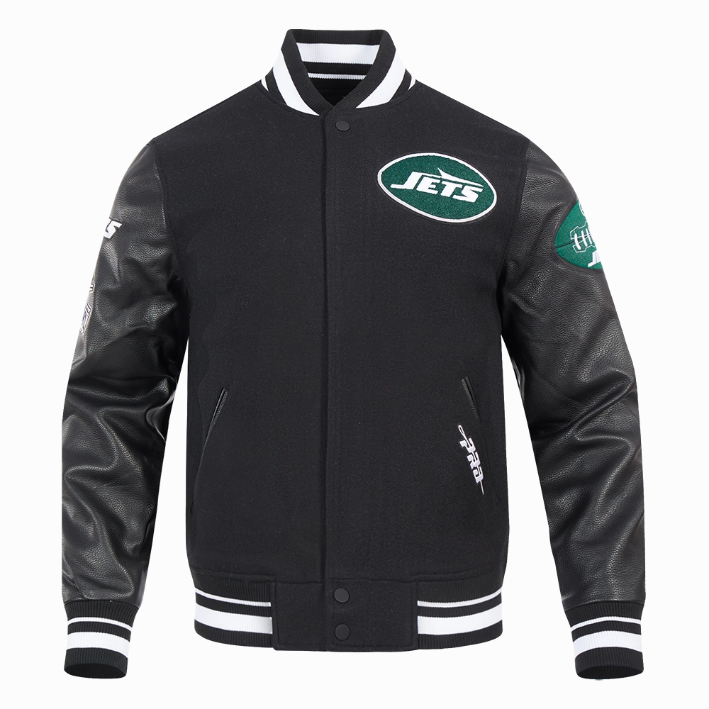 NFL NEW YORK JETS OLD ENGLISH MEN'S RIB WOOL VARSITY JACKET (BLACK)
