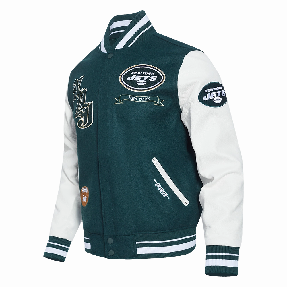 NFL NEW YORK JETS PRO PREP MEN'S WOOL VARSITY JACKET (FOREST GREEN/WHITE)