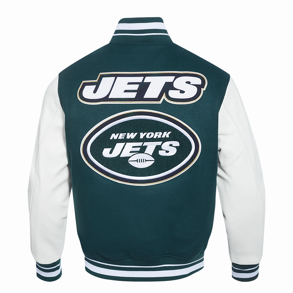 NFL NEW YORK JETS PRO PREP MEN'S WOOL VARSITY JACKET (FOREST GREEN/WHITE)