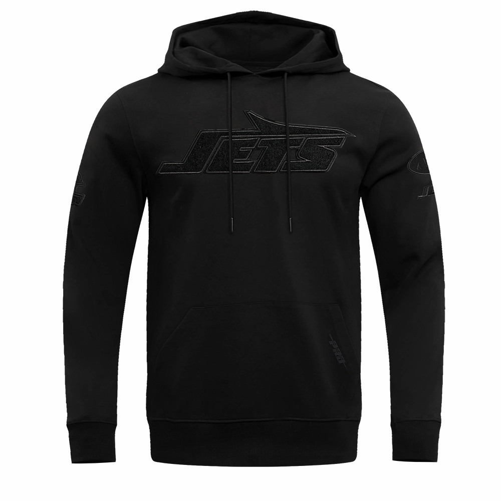NFL NEW YORK JETS TRIPLE BLACK MEN'S DOUBLE KNIT PULLOVER HOODIE (BLACK)