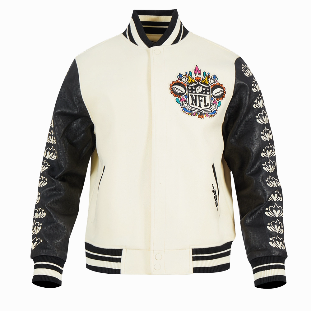 NFL NFL DIA DE MUERTOS MEN'S RIB WOOL VARSITY JACKET (EGGSHELL/ BLACK)